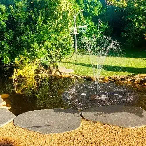 A serene backyard pond with a bubbling fountain, surrounded by lush green bushes and a manicured lawn.