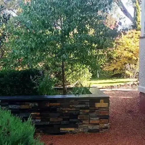 A modern stone planter box filled with vibrant green plants sits in a garden setting with a tree.